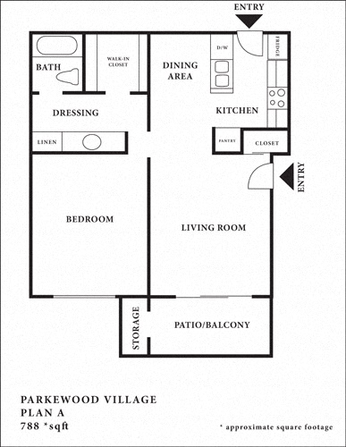 Floor plan for 1 bed, 1 bath, 788 sqft